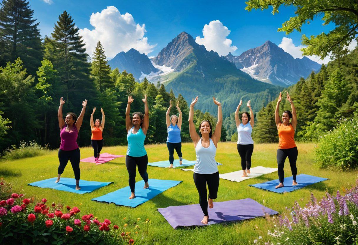 A bright and uplifting scene depicting a diverse group of people joyfully engaging in wellness activities like yoga, meditation, and nature walks. They are surrounded by vibrant nature, such as blooming flowers, lush greenery, and a clear blue sky. Incorporate symbols of triumph like mountains in the background and rays of sunlight breaking through clouds. The atmosphere should radiate positivity and a sense of personal growth. super-realistic. vibrant colors.