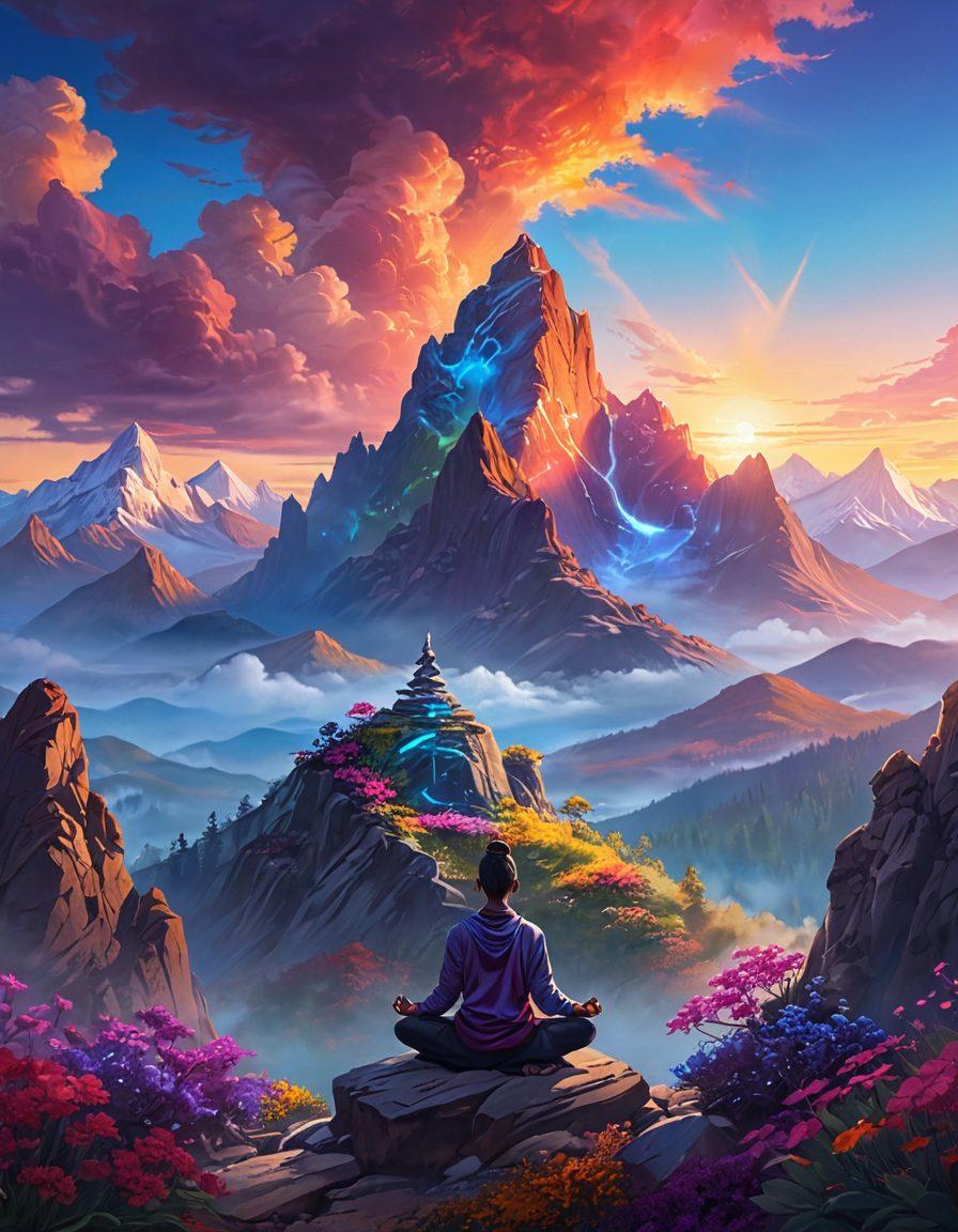 A serene landscape featuring a person meditating on a mountain peak during sunrise, surrounded by vibrant colors that symbolize joy and motivation. Subtle symbols of greatness like a glowing key and blossoming flowers are integrated into the scenery. The atmosphere exudes peace and inspiration, inviting viewers to experience mindfulness. fantasy art. vibrant colors. ethereal lighting.
