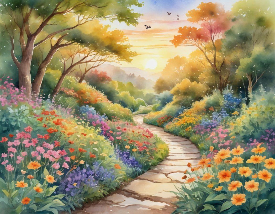 A serene landscape depicting a winding path through a vibrant garden filled with blooming flowers and lush greenery, symbolizing personal growth and triumph. In the background, a radiant sunrise casts golden light, representing hope and happiness. Include a person walking along the path, with a gentle smile, surrounded by butterflies and birds to evoke a feeling of joy and fulfillment. soft watercolor style. bright colors.
